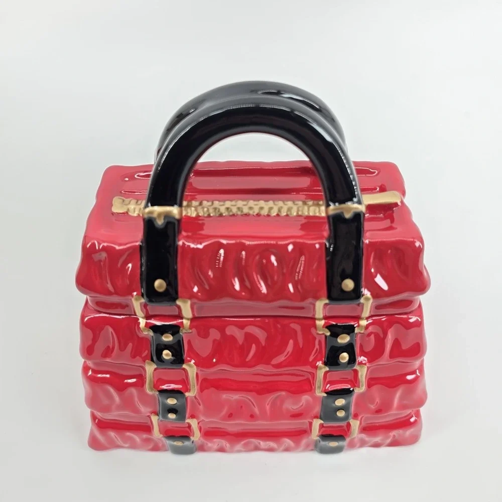 DAVID'S COOKIES JAR RED PLEATED HANDBAG BLACK HANDLE GOLD ACCENTS Ceramic New